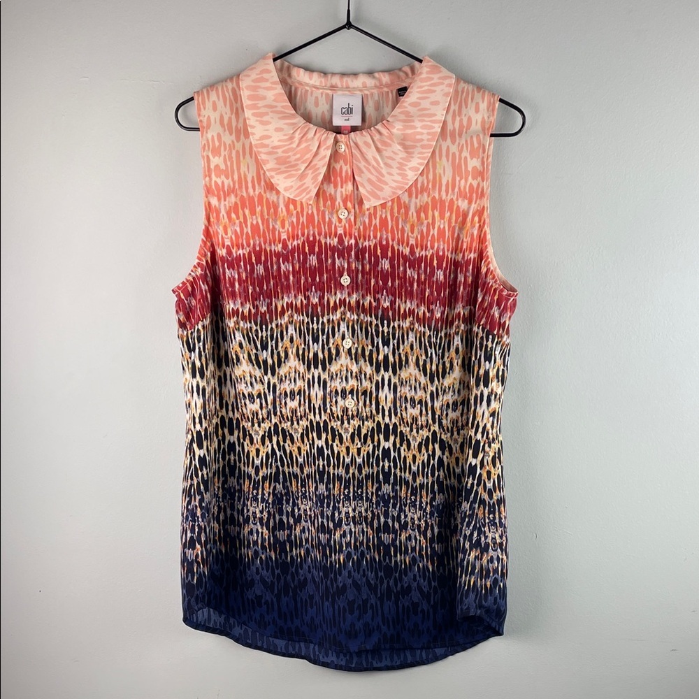 CAbi #3078 Peach Coral Burgundy Navy Gradient Print Sleeveless Blouse Size M
